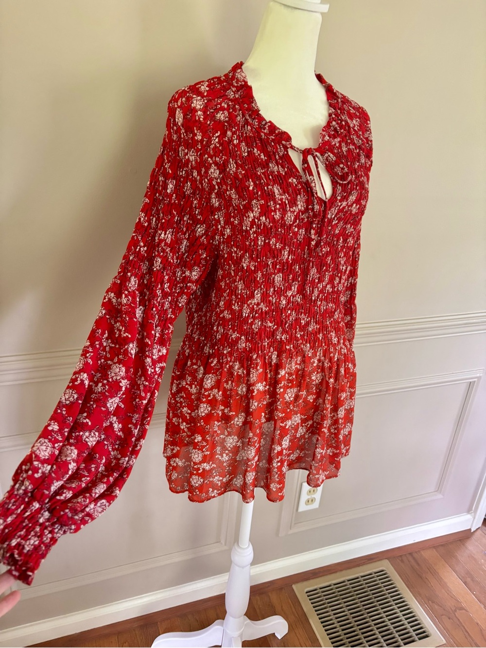 Red Floral Peasant Tunic Blouse with Tie Neck - Picture 2 of 4